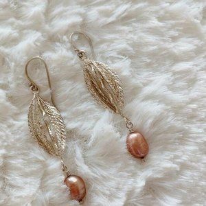 Silver Open-Cut Leaf with RoseGold Pearl Earrings